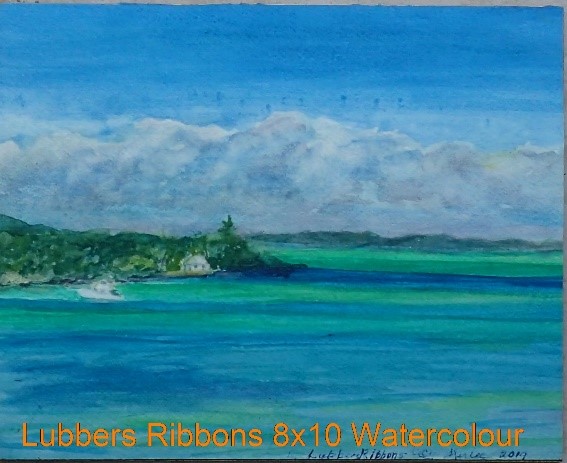 An 8x10 Plein Air Watercolour on Arches mounted on birch panel.   From a hilltop view on nearby Elbow Cay this was painted in the springtime capturing a glimpse of the beautiful colours of Lubbers cha